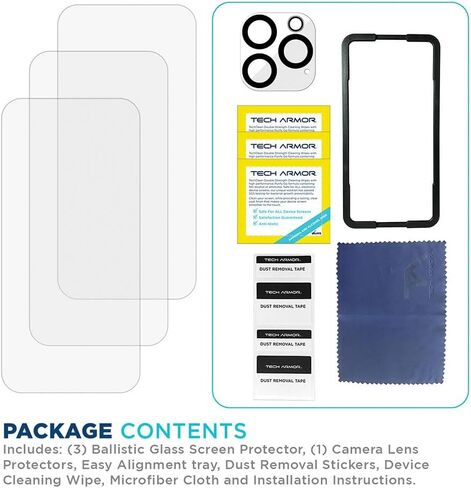 Tech Armor Screen Protector for iPhone 16 Pro Max - Ballistic Tempered Glass, Case Friendly, Sensor Protection, HD, 9H Hardness, 3 Pack + Bonus Camera Lens Protector in Kuwait
