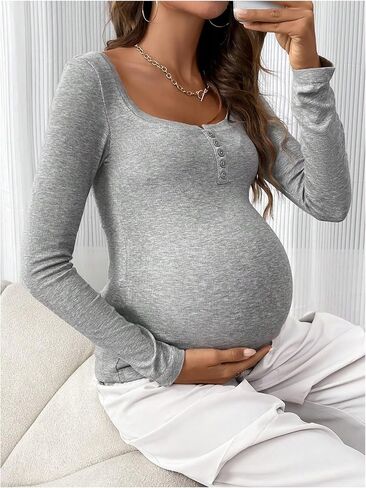 قمصان علوية نسائية من MakeMeChic مصنوعة من نسيج مضلع ورقبة واسعة وأزرار وأكمام طويلة ملابس الحمل in Saudi Arabia