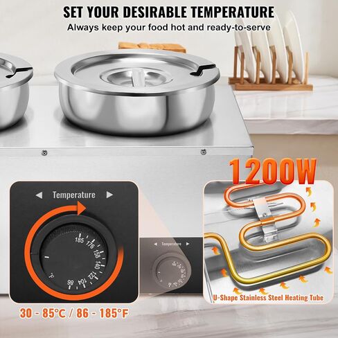 VEVOR Electric Soup Warmer, Four 7.4QT Stainless Steel Round Pot 86~185°F Adjustable Temp, 1500W Commercial Bain Marie with Anti-Dry Burn and Reset Button, Soup Station for Restaurant, Buffet, Silver in Saudi Arabia