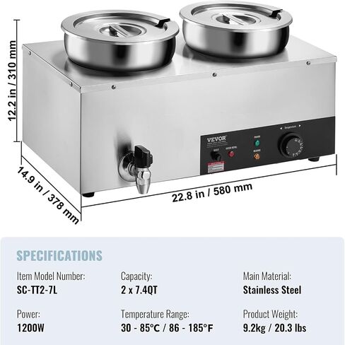 VEVOR Electric Soup Warmer, Four 7.4QT Stainless Steel Round Pot 86~185°F Adjustable Temp, 1500W Commercial Bain Marie with Anti-Dry Burn and Reset Button, Soup Station for Restaurant, Buffet, Silver in Saudi Arabia