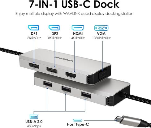 محطة إرساء USB C شاشة DP مزدوجة، محطة إرساء USB C رباعية العرض مع منافذ DP مزدوجة وHDMI وVGA وUSB2.0 لأجهزة Lenovo HP Dell وكمبيوتر نظام Windows - أخضر in Kuwait
