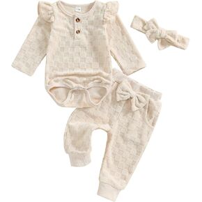 Kuriozud Baby Girl Fall Winter Clothes Ruffle Long Seeve Romper Top and Bow Pants Set with Headband Newborn Girl Outfit