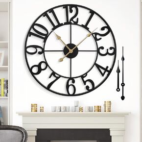 Wall Clock - 24 Inch Silent Non-Ticking Decorative Large Wall Clock, Battery Operated Metal Vintage Retro Roman Numerals Wall Clock for Living Room, Bedroom, Kitchen, Office, Farmhouse Decor