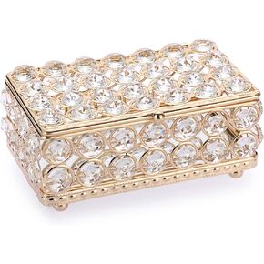Hipiwe Vintage Crystal Jewelry Box Lrage Trinket Box Rectangular Treasure Chest Box Mirrored Keepsake Box Decorative Jewelry Display Case for Earrings Rings Storage Box,Gold