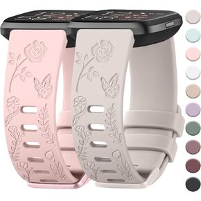 2 Pack Butterfly Rose Engraved Bands Compatible with Fitbit Versa 2 Bands for Women, Silicone Elegant Floral Pattern Replacement for Fitbit Versa 2
