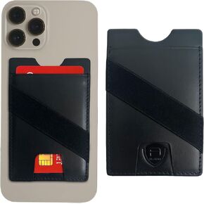 Alban Leather Stick On Cell Phone Wallet with Finger Strap, Phone Pocket Case for Credit Card, ID, Cash - Strong Adhesive, RFID Blocking, Compatible with Most Phones