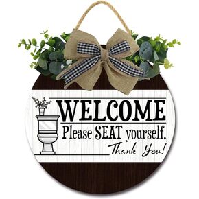 Bathroom Signs for Front Door Farmhouse ，Rustic Round Wooden Hanging Wreaths for Bathroom Wash room Toilet Housewarming Gift Decoration Indoor Wall Decor
