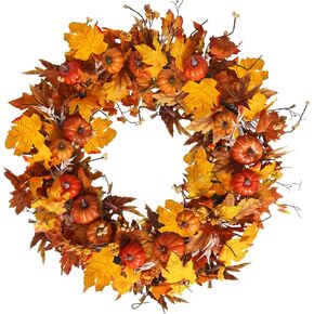 Uieke 28 Inch Fall Wreath for Front Door Outside Large Artificial Autumn Wreath with Orange Sunflowers Maple Leaves Pumpkins Fall Decoration for Home Farmhouse Door Wreath for Harvest Thanksgiving