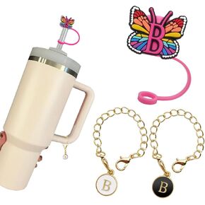 （2+2）2PCS Straw Cover for Stanley Cup 30&40 Oz 10mm Straw Topper with 2PCS Stanley Cup Accessories Letter Charms Name ID Initial Letter Handle Personalized Charm For Stanley Tumbler (Letter A)