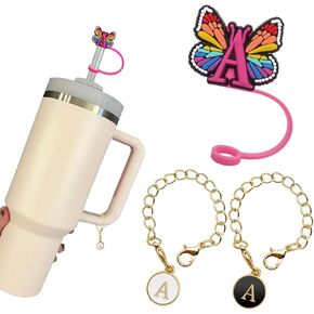 （2+2）2PCS Straw Cover for Stanley Cup 30&40 Oz 10mm Straw Topper with 2PCS Stanley Cup Accessories Letter Charms Name ID Initial Letter Handle Personalized Charm For Stanley Tumbler (Letter A)