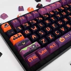 Halloween Black Cat Themed Keycaps, XDA Profile PBT Dye Sublimation Keycaps, Halloween Pumpkin Customized Keycaps Set for Cherry Gateron MX Switches Mechanical Gaming Keyboards