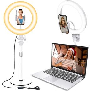 8 inch Desk Ring Light with Stand, Adjustable Computer Circle Light for Video Conference Lighting, Zoom Calls, Virtual Meeting, Video Recording, Selfie Light with Phone Holder for Streaming, Podcast