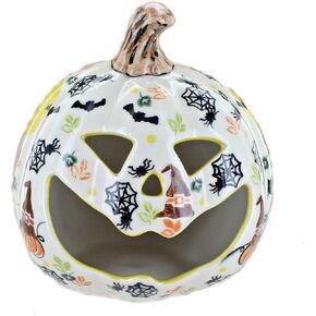 Blue Rose Polish Pottery Spider Web Pumpkin Luminary