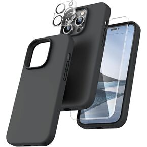TOCOL [5 in 1 for iPhone 13 Pro Max Case, with 2 Pack Screen Protector + 2 Pack Camera Lens Protector, Slim Liquid Silicone Phone Case 6.7 Inch, [Anti-Scratch] [Drop Protection],Black