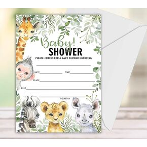 Baby Shower Invitations for Girl Boy, Jungle Animals Fill In Invites Cards wih Envelopes, Floral Wooden, Set of 25