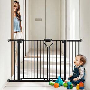Baby Gate with Cat Door for Stairs - Baby Gate with Pet Door Auto Close 29.5"-48.5" Safety Metal Dog Gate for Door Ways/Stairs/House/Walk Through with Includes 2 Extension Pieces and 4 Wall Cups