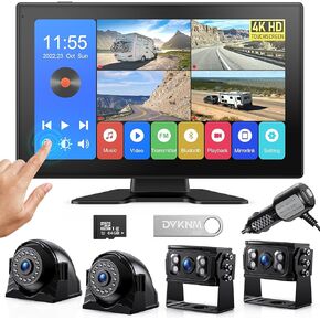4K RV Backup Camera System 10.1" Quad Split Touchscreen Monitor 4 1080P HD Rear Side View Cameras DVR Recording Bluetooth Music USB Video Play IP69 Waterproof Night Vision for RV Truck Trailer