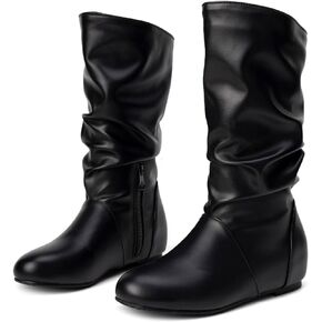 Women Slouch Mid Calf Boots Wid Calf Side Zipper Wedge Flat Heel Comfort Casual Boots Pull On