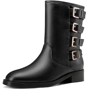 Castamere Women's Slip-on Mid Calf Boots Low Chunky Block Heel Square Toe Fashion Buckles Ankle Boots Casual Dress Short Bootie 1.2 Inches Heels