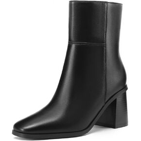 Women Ankle Boots Square Toe Chunky Heel Booties Mid Stacked Heels Fashion Dress Short Boots with Zips