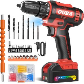OUBA Cordless Drill Set, 12.8V Lithium Lon Power Drill Cordless with Battery and Charger, 2 Variable Speeds, 3/8" Keyless Chuck, 25+3 Torque Setting, Built-In LED, Electric Drills for Home (Yellow)