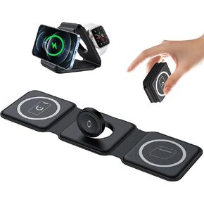 Charging Station for Apple Multiple Devices - 3 in 1 Foldable Magnetic Wireless Charger - Travel Charging Pad for iPhone 15 14 13 12 Pro Max Plus Watch & Airpods Black