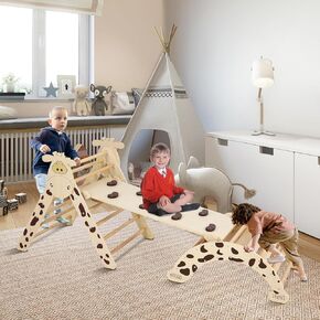 FAHKNS Pikler Triangle Set, 5 in 1 Foldable Montessori Climbing Set, Baby Climbing Toys for Indoor Playground, Climbing Triangle for with Arch Climber, Rocker, Suitable for Toddlers，Natural