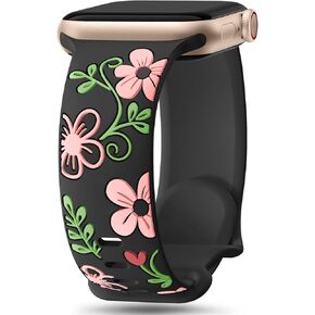 Witzon Floral Band Compatible with Apple Watch Bands For Women 40mm 41mm 38mm 42mm 44mm 45mm 49mm, Engraved Cute Flower Soft Silicone Inlay Dressy Strap for iWatch Series 9 8 7 6 5 4 3 2 1 SE Ultra