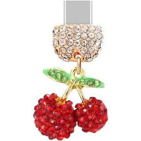 ELISE & FONDA Tp149 Type-C USB Charging Port Crystal Anti Dust Plug Little Cherry Pendant Cell Phone Charm for Samsung Galaxy/Huawei/OnePlus/Xiaomi/oppo Android Phones(Red)