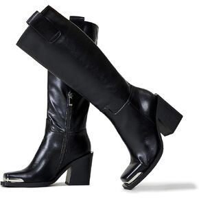 Women Wide Calf Knee High Boots Chunky Heel Western Boots Square Metal Toe and Side Zipper Cowboy Boots Fashion Dress Boots