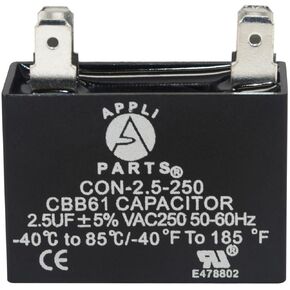 Appli Parts Fan Capacitor 12 mfd (microfarads) uf 250 VAC with 4 Terminal Connections compatible with any brand within the same range of capacitance 2-1/4in Width 7/8in Depth 1-3/4in Height CAP-12-250