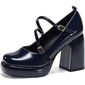 Coutgo Womens Mary Jane Heels Chunky Platform Loafer Shoes Block Heel Closed Square Toe Pumps Cross Strap High Heel Dress Shoes