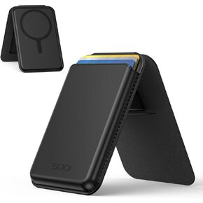 SODI Magnetic Card Holder for Phone Case, Minimalist Leather Phone Wallet Stick on Wallet Stand for Tripod, Foldable Mag-Safe Wallet Compatible with iPhone 15/14/13/12 Pro/Promax, Fit 3 Cards, Black