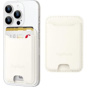 TopMade Premium Leather Phone Wallet Stick on, Stronger 3M Adhesive Credit Card Holder for Back of Phone Case, iPhone, Samsung, and Android, RFID Blocking, Fit 4 Cards, Milky White