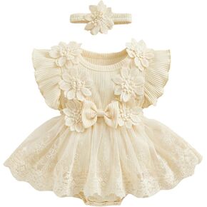 ODASDO Newborn Baby Girls Lace Romper Dress with Bowknot Headband 2pcs Summer Set Birthday Cake Smash Outfits