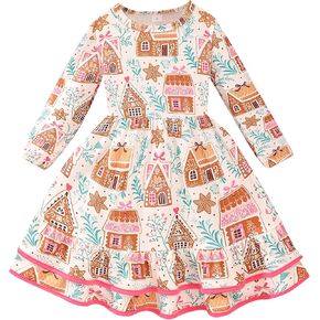 DDSOL Toddler Girl Christmas Dress Little Kid Long Sleeve Dinosaur Santa Swing Ruffle Casual Dress Xmas Clothes 2-7 Year