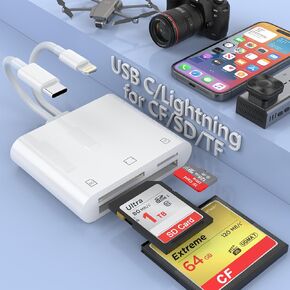 قارئ بطاقة ذاكرة USB C+Lightning إلى CF/SD/Micro SD لأجهزة iPhone/iPad، وكاميرا فلاش مدمجة من Apple إلى محول الهاتف، وعارض رقمي Trail لهاتف iPhone 15/14/iPad/MacBook Pro/Air iMac M1/2 Android Galaxy S22