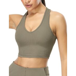 icyzone Ribbed Padded Workout Sports Bras for Women, V Neck Racerback Athletic Yoga Crop Tops with Built in Bra