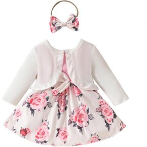 Toddler Baby Girls Fashion Outfits Sleeveless Flower Print Dress Long Sleeve Ruffle Coat Bow Headband Clothing sets