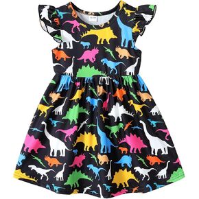 Happy Town Toddler Baby Girl Dress Cute Fly Sleeve Dinosaur Printed Dresses Little Girls Sundress