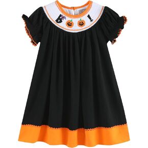 Lil cactus Black and Orange Boo Halloween Smocked Bishop Dress