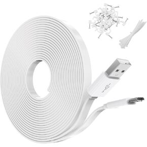 30FT Flat Power Extension Cable for WyzeCam, YI Camera NestCam Blink Wyze Cam OG Wyze Cam Pan Netvue Kasa Cam Cloud Camera Arlo Q Furbo Dog, USB to Micro USB Durable Charging and Data Sync Cord