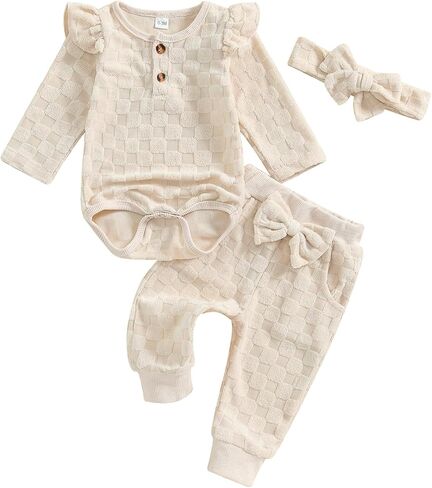 Kurizud طفلة الخريف الشتاء الملابس كشكش طويل Seeve رومبير بلوزات و القوس فستان أطفال مع سروال داخلي عقال الوليد فتاة الزي in Kuwait