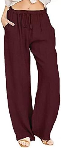 Linen Pants Women Loose Drawstring High Waist Sweatpants Solid Color Trousers with Pockets for Summer Fall in Kuwait