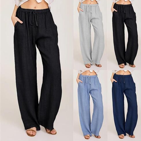 Linen Pants Women Loose Drawstring High Waist Sweatpants Solid Color Trousers with Pockets for Summer Fall in Kuwait