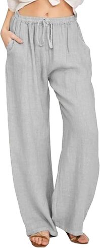 Linen Pants Women Loose Drawstring High Waist Sweatpants Solid Color Trousers with Pockets for Summer Fall in Kuwait