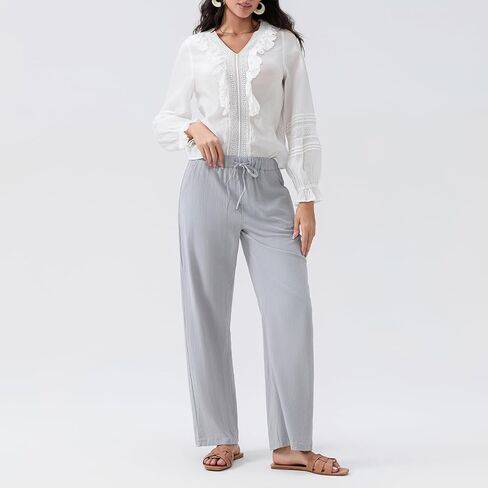 Linen Pants Women Loose Drawstring High Waist Sweatpants Solid Color Trousers with Pockets for Summer Fall in Kuwait