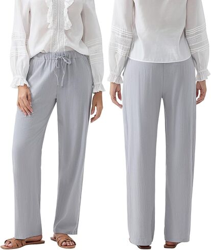Linen Pants Women Loose Drawstring High Waist Sweatpants Solid Color Trousers with Pockets for Summer Fall in Kuwait