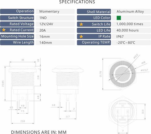 مفتاح زر ضغط ألومنيوم مؤقت LED 12-24V DC 20A 1NO On Off لثقب تركيب 0.63 بوصة مع مقبس سلك (1، أزرق، 19 مم) in Kuwait
