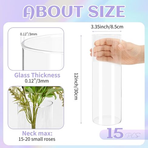15 Pack Glass Cylinder Vases Clear Flower Vases 4 Inch, Glass Hurricane Candle Holder Wedding Decorations, Modern Floating Candle Vase for Party Home Decor(3.35 x 4 Inch) in Kuwait